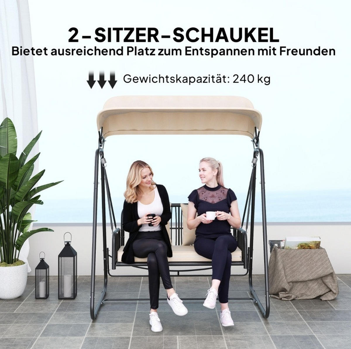 HOLLYWOODSCHAUKEL aus Stahl 149x121x180 cm in Beige mit verstellbarem Sonnendach - Beige, Metall (149/180/121cm) - Modfu