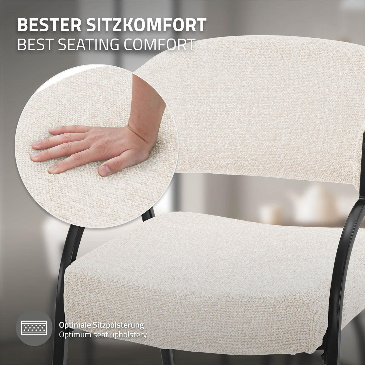 ESSZIMMERSTUHL 2er Set Küchenstühle gepolstert mit Webstoff-Bezug und Arm- und Rückenlehne Beige - Beige/Schwarz, Textil/Metall (54/81/65cm) - ML-DESIGN