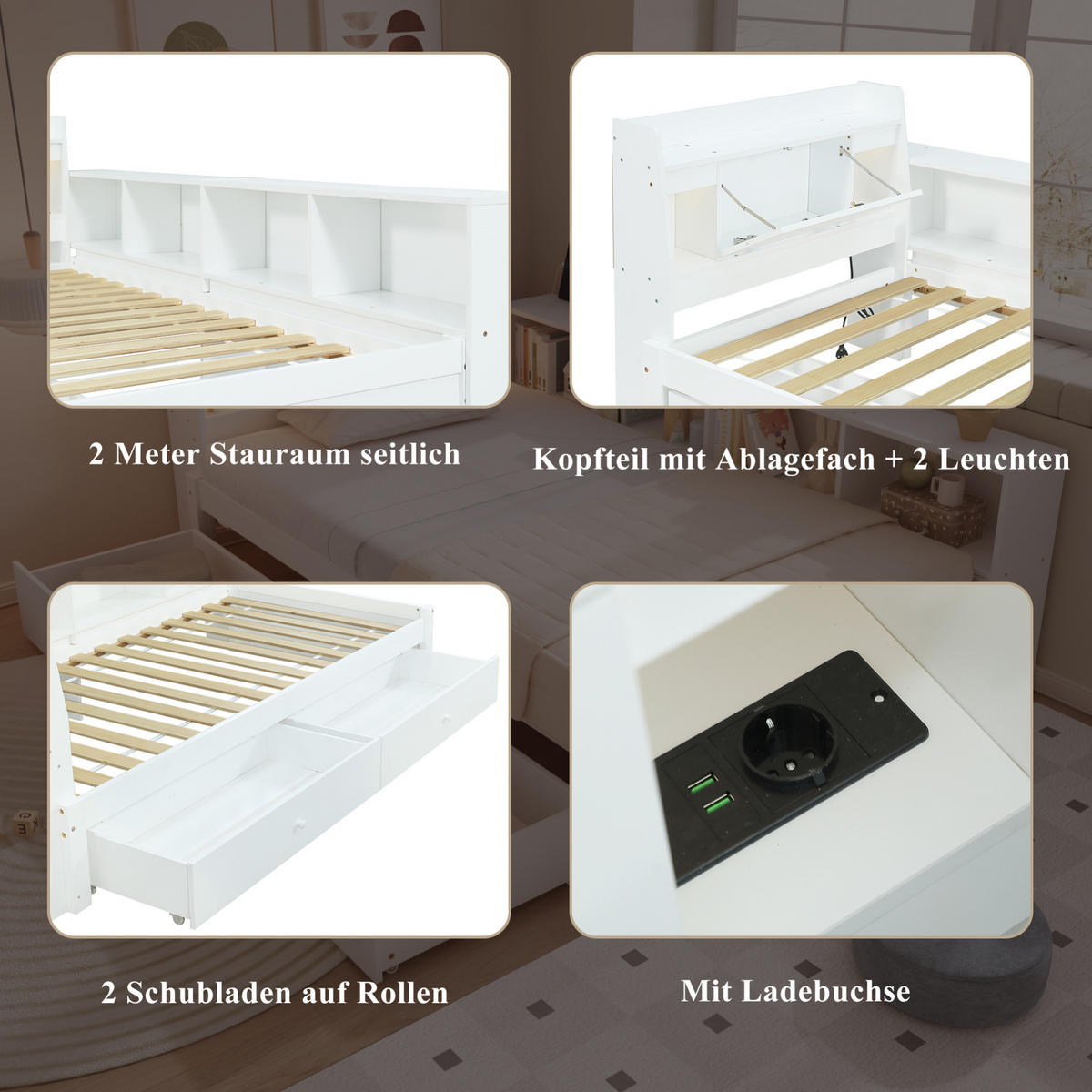 BETT 90/200 cm Weiß aus Kiefer/MDF mit Stauraum und Ladebuchse - Weiß, Holz (90/200cm) - OKMYHOME
