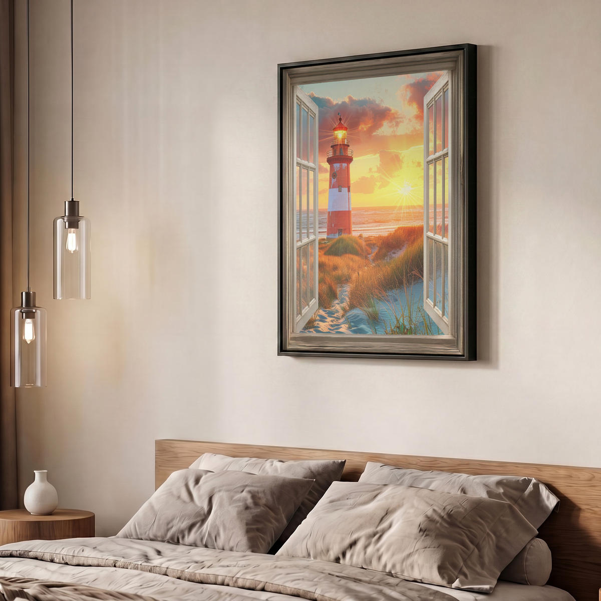 LEINWAND Bilder mit Rahmen - Aussicht - Fenster - Leuchtturm - Sonnenuntergang - Strand - 50x70 - Dunkelorange, Textil (50/70cm) - MuchoWow