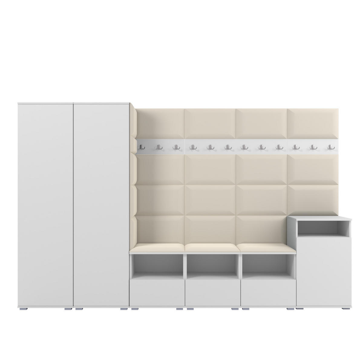 GARDEROBE NELA XII 300 cm (Modulare Flurmöbel Weiß mit Sitzpolster Creme 01 Gigantisches Set) - Silberfarben/Creme, Holz/Holzwerkstoff (300/187/40cm) - Ravio