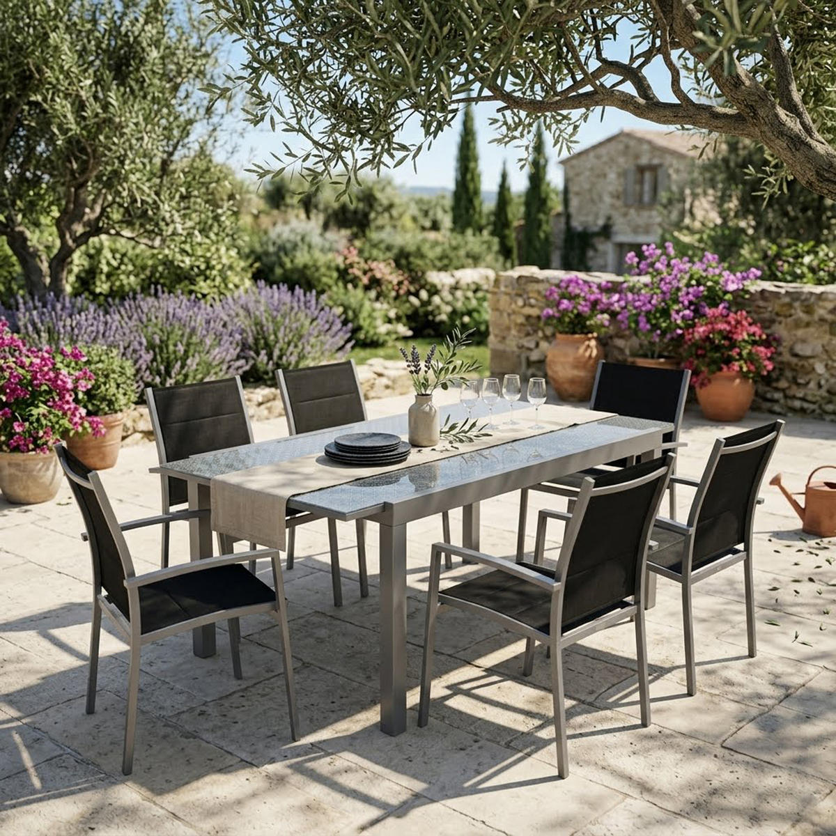 GARTEN-GARNITUR Ashford - 7-teilige Garten-Essgruppe (6x Stapelsessel mit Armlehnen, 1x Ausziehtisch 180/240x100cm), Gestell Aluminium - Schwarz, Metall - TPFGarden