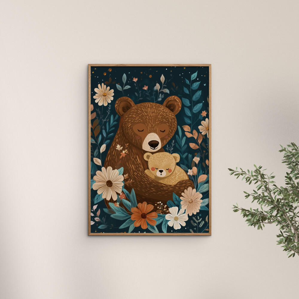 POSTER mit Rahmen Affordable Art Prints x Andreas Magnusson - Mama Bear with Cub - Blau/Eichefarben, Holz/Papier (30/40cm) - Poster&Frame