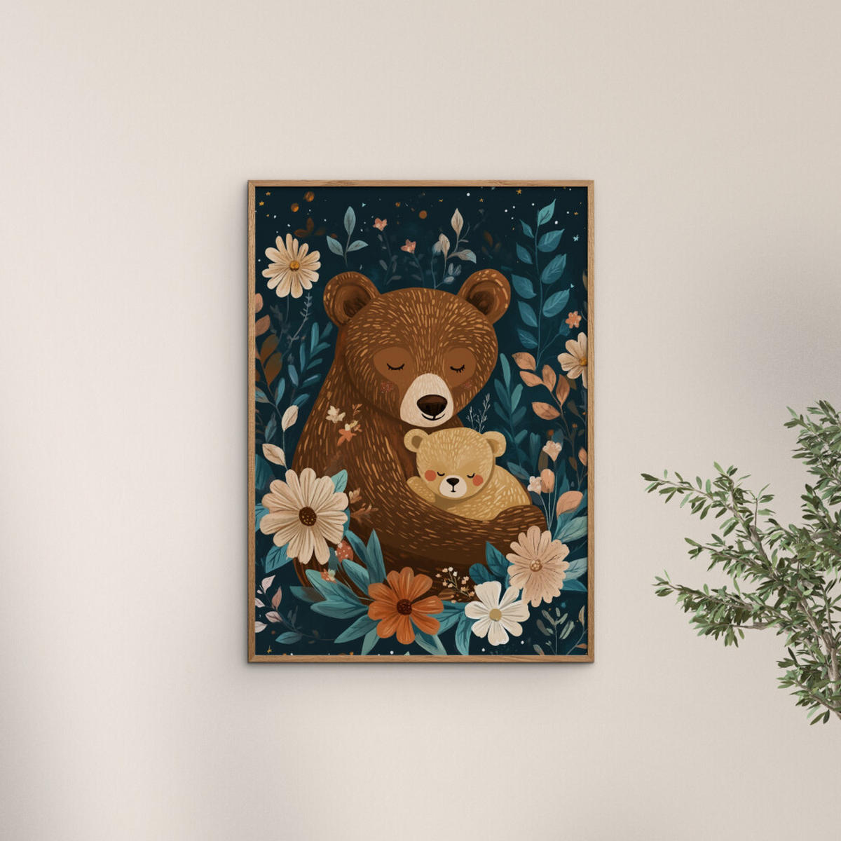 POSTER mit Rahmen Affordable Art Prints x Andreas Magnusson - Mama Bear with Cub - Blau/Eichefarben, Holz/Papier (30/40cm) - Poster&Frame