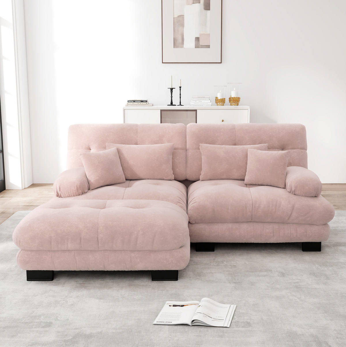 ECKSOFA 220/145/81 cm in Rosa aus Chenille mit Ottomans - Pink, Textil (145/220cm) - Flora Grace