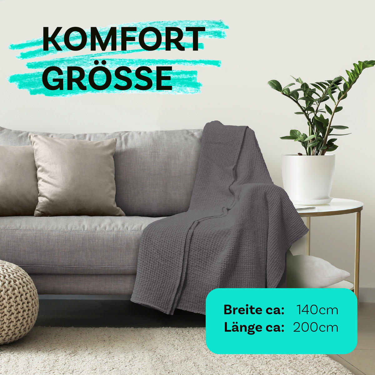 KUSCHELDECKE Waffelpiqué 140x200 cm Anthrazit - Anthrazit, Textil (140/200cm)