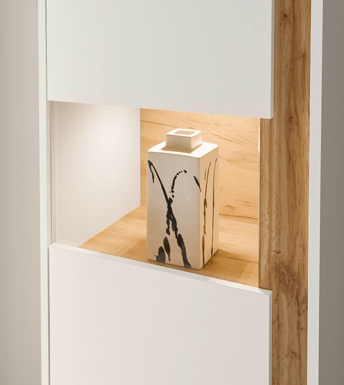 VITRINE weiß, Eiche Wotan 50 x 200 cm, Vitrinenschrank mit 5 Fächern - Eiche Wotan/Schwarz, Glas/Holzwerkstoff (50/197/40cm) - Furn.Design