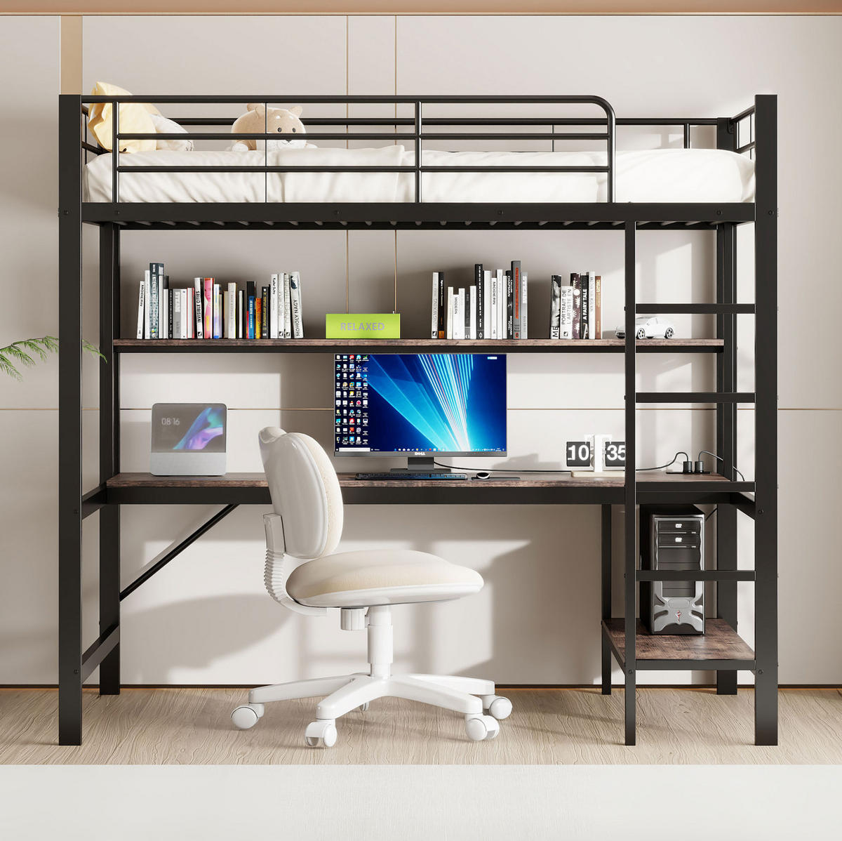 HOCHBETT 90/200 cm mit Schreibtisch, Regal, USB, Steckdose und LED-Ambientelicht, Schwarz - Schwarz, Metall (90/200cm) - Redom