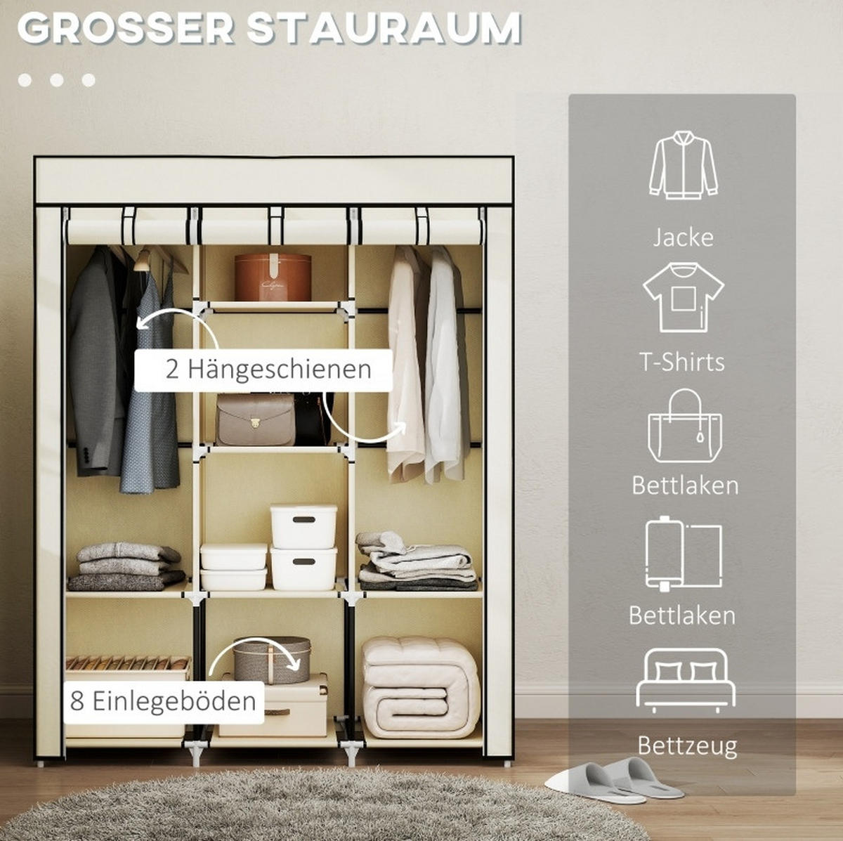KLEIDERSCHRANK 125/162,5/43 cm Cremeweiß aus Stoff mit Kleiderstangen - Creme, Textil (43/162.5/125cm) - OKMYHOME