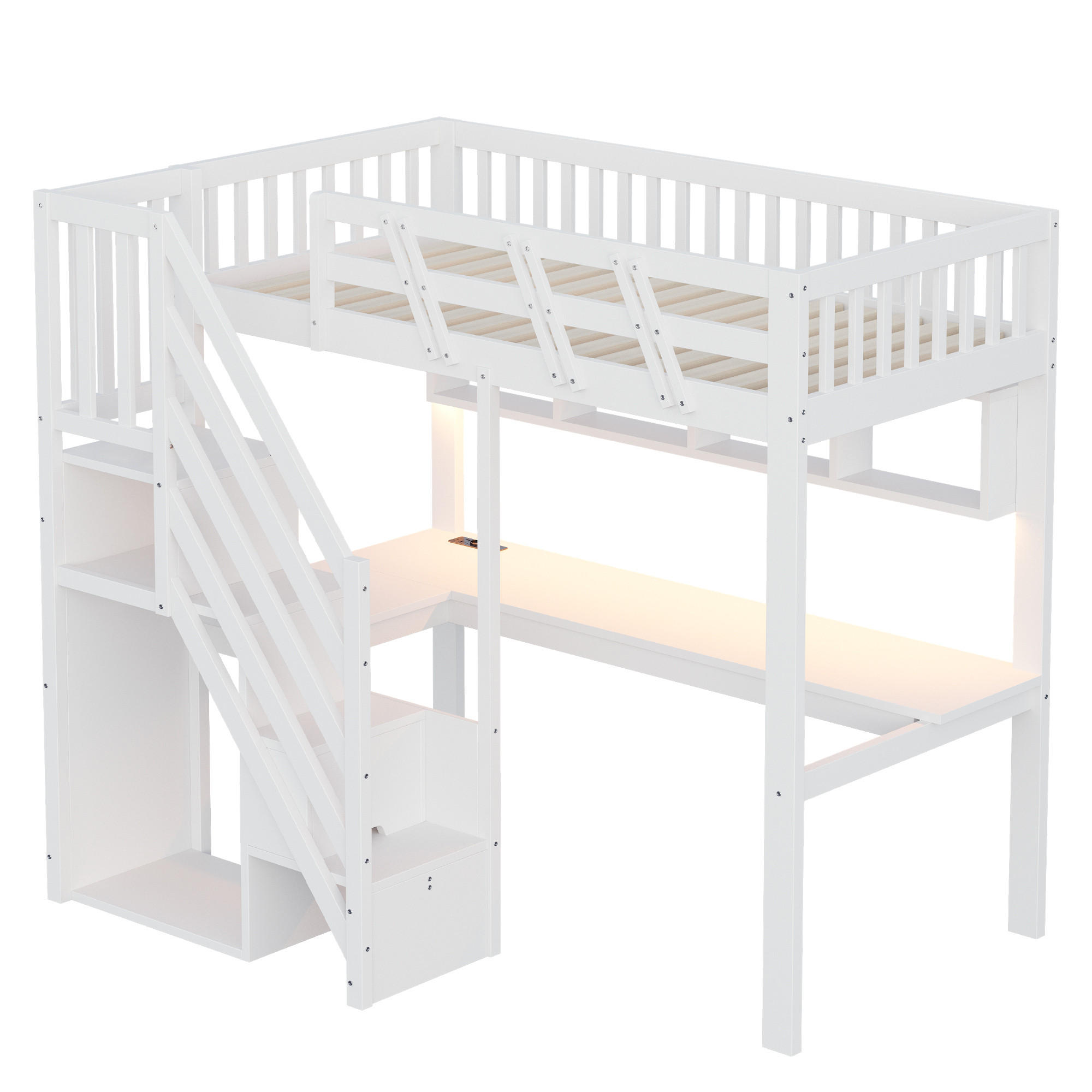 HOCHBETT 90/200 cm DE-01497, in Weiß, mit Aufbewahrungstreppe, Schreibtisch und LED-Licht - Weiß, Holz (90/200cm) - ComfortXL