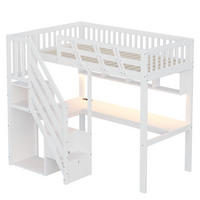 HOCHBETT 90/200 cm DE-01497, in Weiß, mit Aufbewahrungstreppe, Schreibtisch und LED-Licht - Weiß, Holz (90/200cm) - ComfortXL