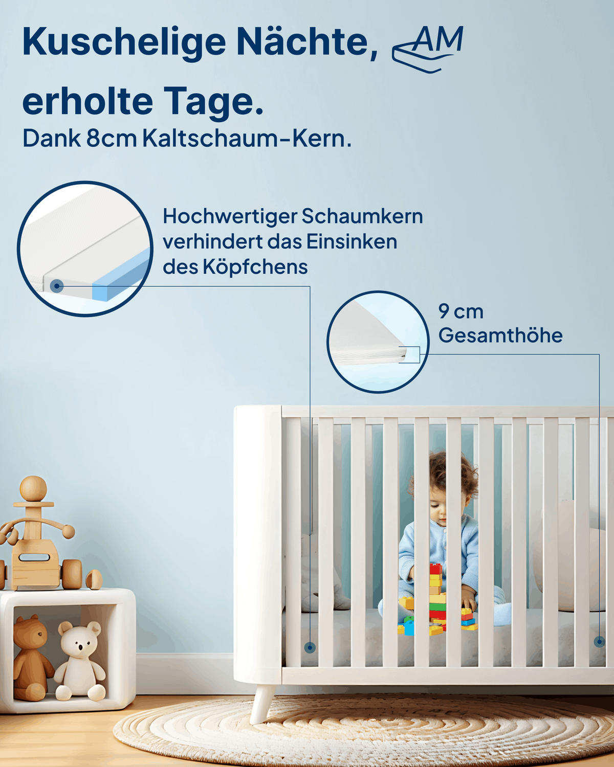 BABYMATRATZE 60/120 cm - 9cm Höhe & Viskose Bezug - Weiß, Textil (60/120cm) - AM Qualitätsmatratzen