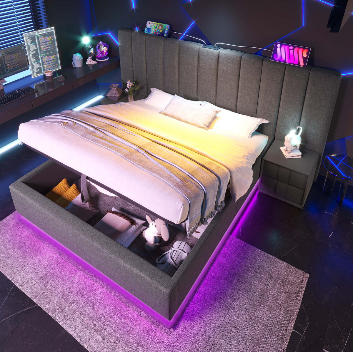 POLSTERBETT 160/200 cm Grau aus Leinen mit LED, Stauraum und Ladefunktion - Grau, Textil (160/200cm) - OKMYHOME