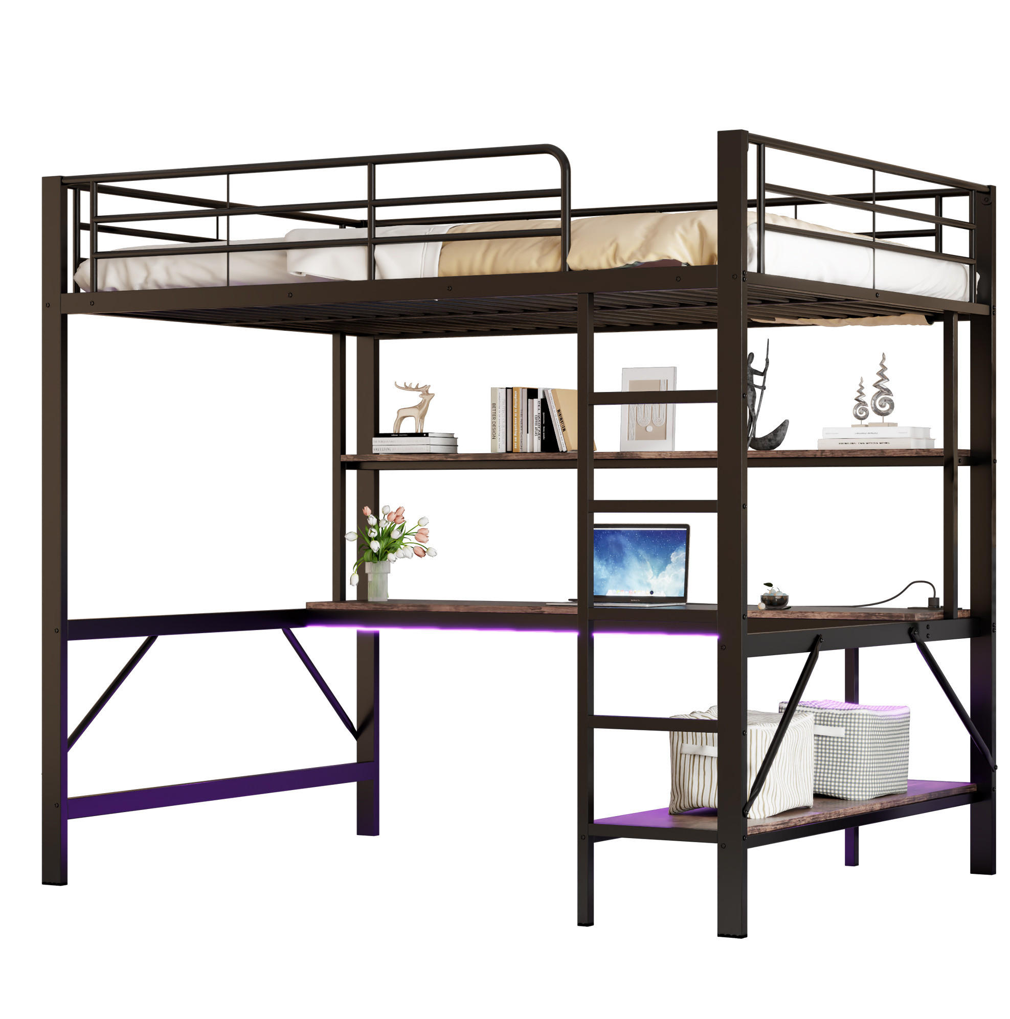 HOCHBETT 140/200 cm schwarz mit USB- und Steckdosenanschlüssen LED-Beleuchtung und Schreibtisch mit Matratze - Schwarz, Metall (140/200cm) - OKWISH