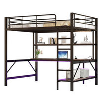 HOCHBETT 140/200 cm schwarz mit USB- und Steckdosenanschlüssen LED-Beleuchtung und Schreibtisch mit Matratze - Schwarz, Metall (140/200cm) - OKWISH