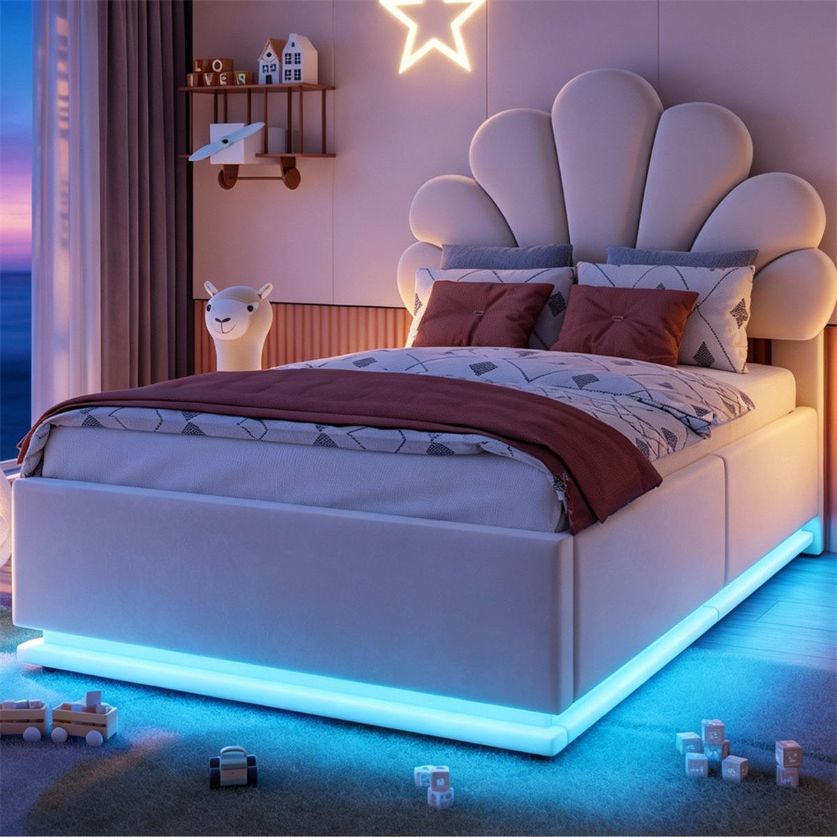 POLSTERBETT 90x200 cm mit Blüten-Kopfteil - LED Beleuchtung & hydraulischem Stauraum - Beige - ohne Matratze - Beige, Textil (90/200cm) - DELFA