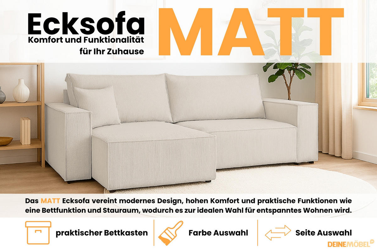 ECKSOFA MATT 255/153 cm links in Cord Creme - Creme/Schwarz, Holz/Holzwerkstoff (255/153cm) - Deine Möbel 24