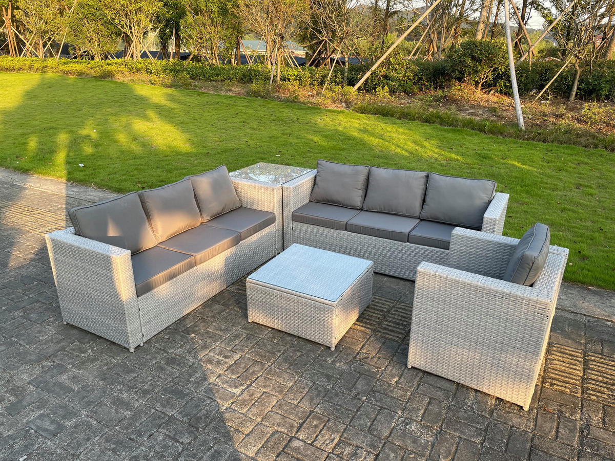 GARTENMÖBEL SET mit Couchtisch Polyrattan Helles Grau 7-Sitzer - Hellgrau, Metall - Fimous