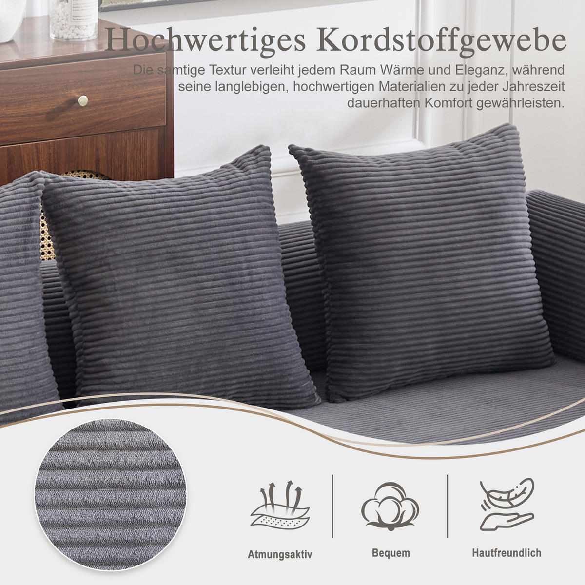 ECKSOFA Cord Dunkelgrau mit Hocker, Kissen und Seitentasche - Dunkelgrau, Textil/Metall (218/285cm) - WISHDOR