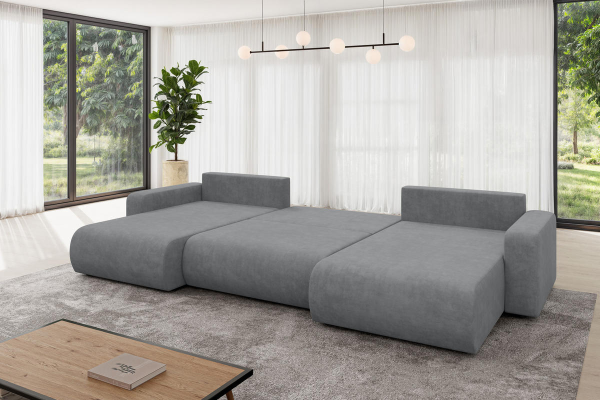 SEDACÍ SOUPRAVA DO U s funkcí spaní a úložným prostorem BERY-U 377x193x88 šedá velur - černá/šedohnědá, kompozitní dřevo/textil (377/88/193cm) - ALTDECOR