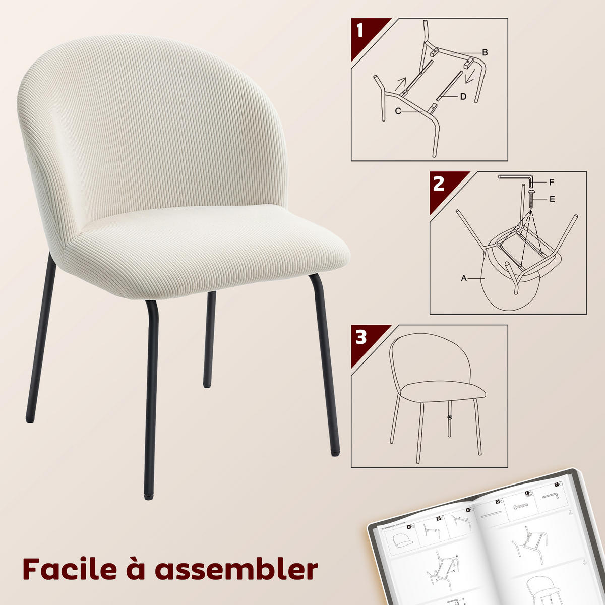 ESSZIMMERSTÜHLE 2er-Set DE-13297 Rippvelours & Stahlbeine Creme - Weiß, Metall (56/78/58cm) - ComfortXL