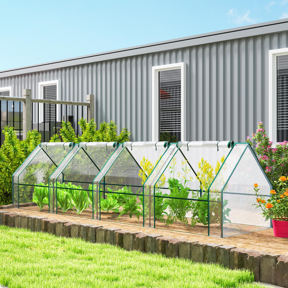 MINI-GEWÄCHSHAUS, Tunnel, 4 Fenster, Rolltür, Stahl, PE 140g/m², UV-beständig, Transparent - Multicolor, Kunststoff (360/90/90cm) - FORIOUS
