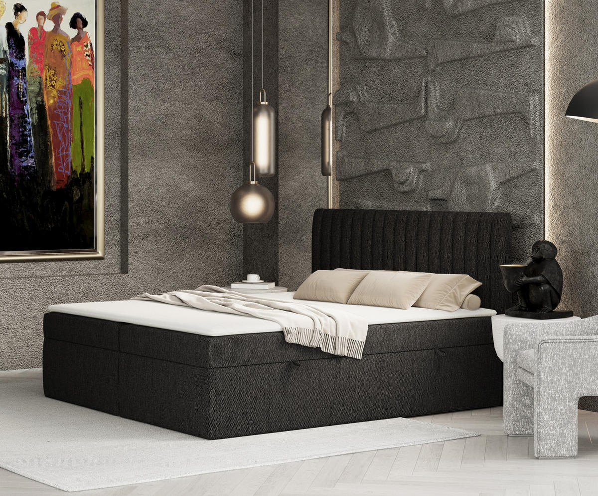 BOXBETT Spencer Schwarz 160/200 cm mit Matratze und Topper - Schwarz, Holz/Holzwerkstoff (160/200cm) - Maison de Reve
