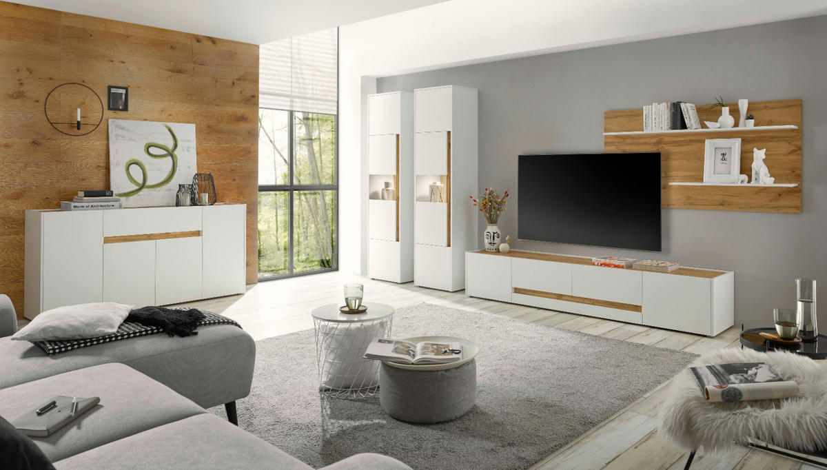 WOHNWAND 2-teilig weiß, Eiche Wotan 300 cm, Schrankwand mit XL-Lowboard - Eiche Wotan/Schwarz, Glas/Holz (300/180/45cm) - Furn.Design