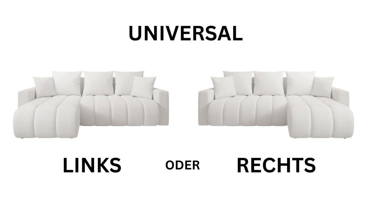 ECKSOFA GERRO Schlaffunktion Bettkasten Universal Boucle Weiß - Weiß, Textil (237/142cm) - Luxkor24