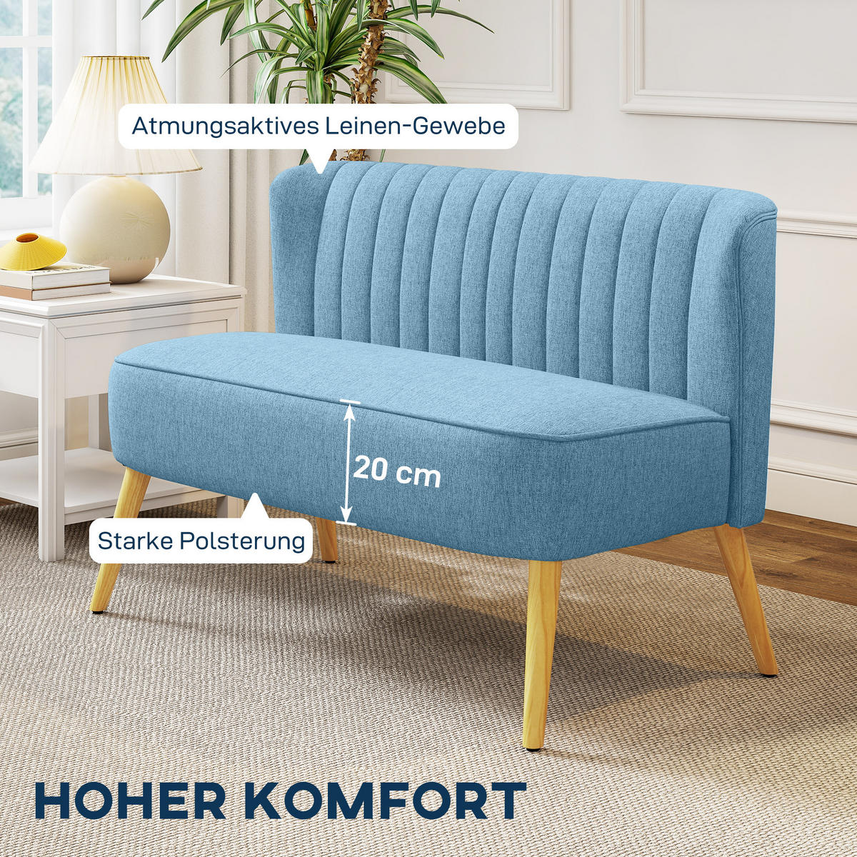 SOFA 2-Sitzer 117/57/77 cm Blau - Blau/Naturfarben, Holz/Textil (56.5/77/117cm) - HOMCOM