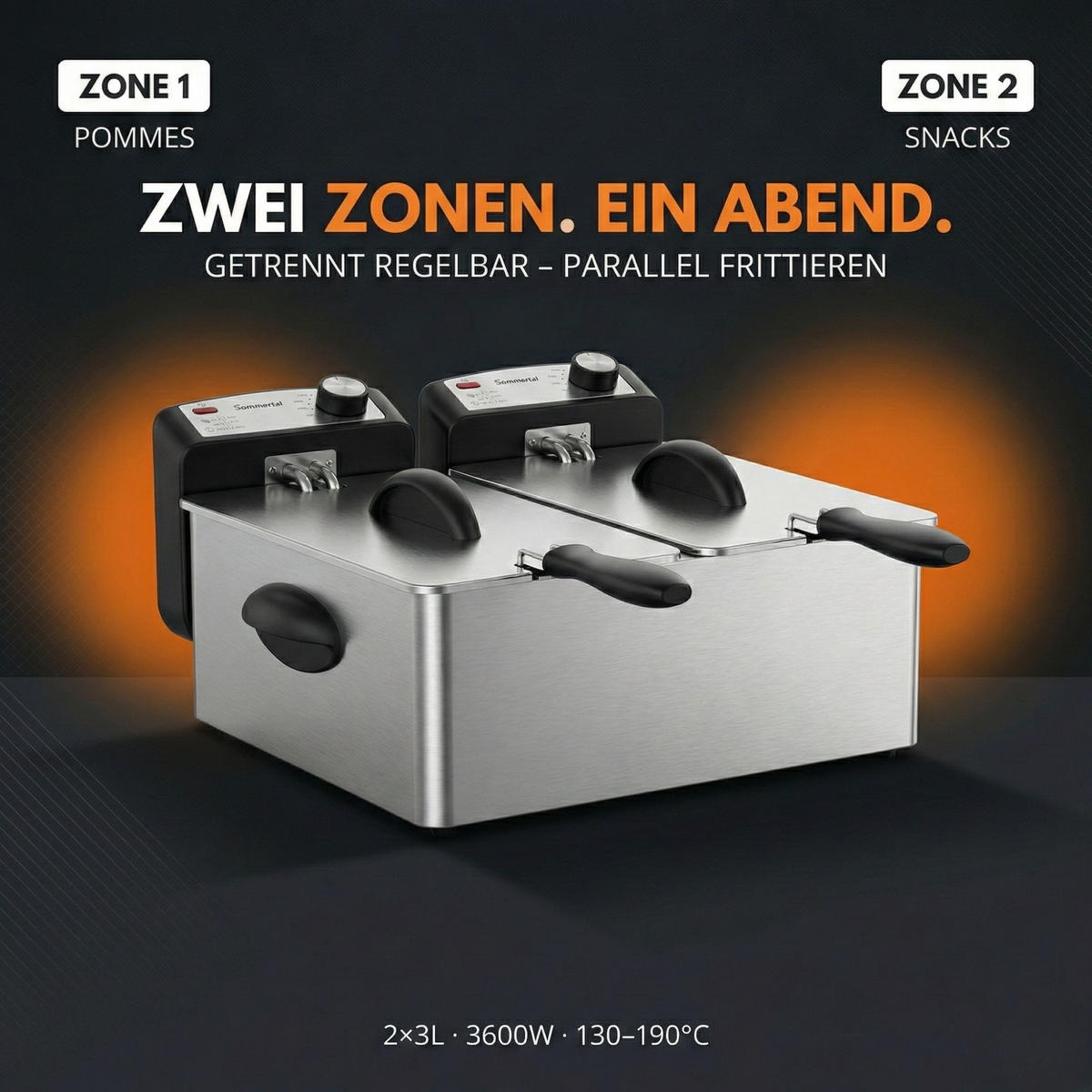 DF3600 Doppel Fritteuse mit Öl 2x 3L - Edelstahlfarben, Metall (41.5/27.2/44cm) - Sommertal