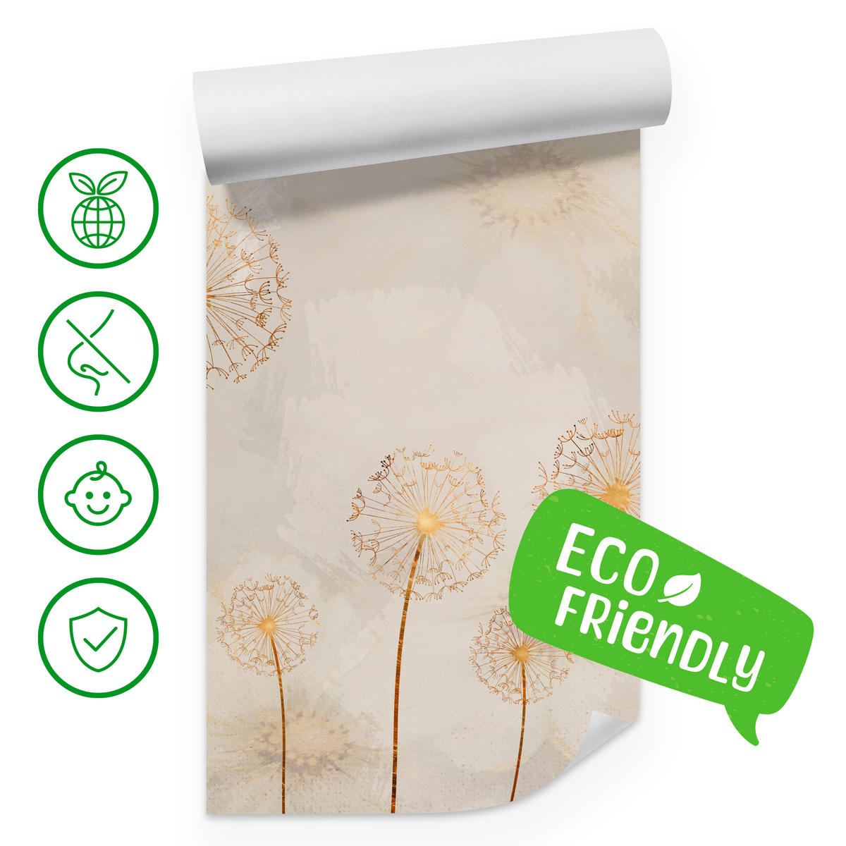 FOTOTAPETE für Schlafzimmer Goldene Löwenzahn Aquarell Blumen 450x315 - Gelb/Beige, Papier (450/315cm) - Muralo