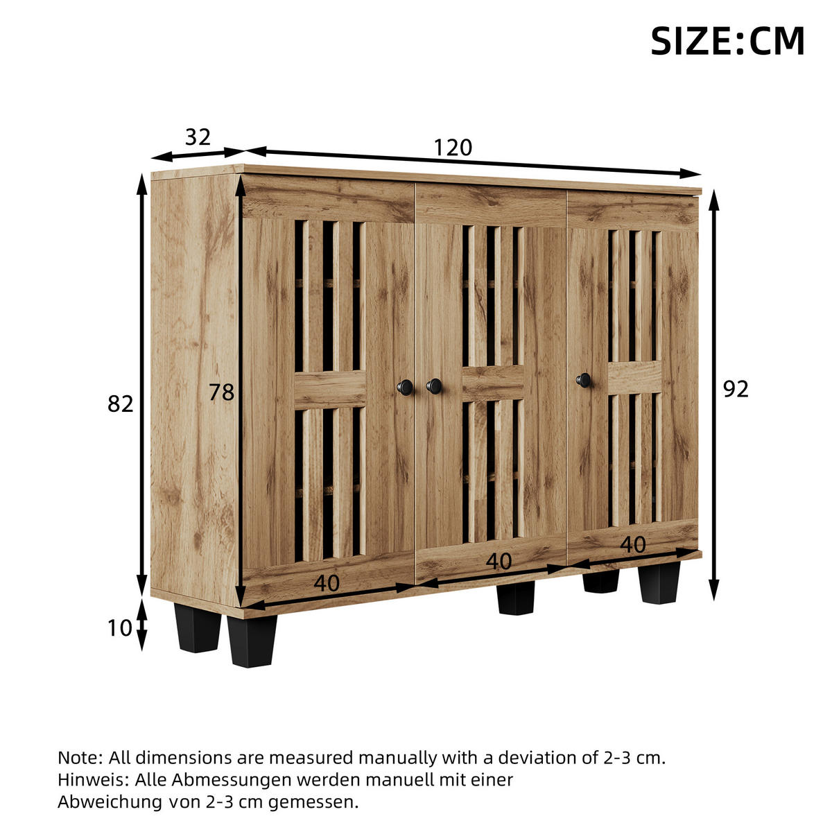SIDEBOARD 120/32/92 cm mit 3 Türen in Naturfarbe und 8 Fächern - Naturfarben, Holzwerkstoff (120/92/32cm) - BEAOK