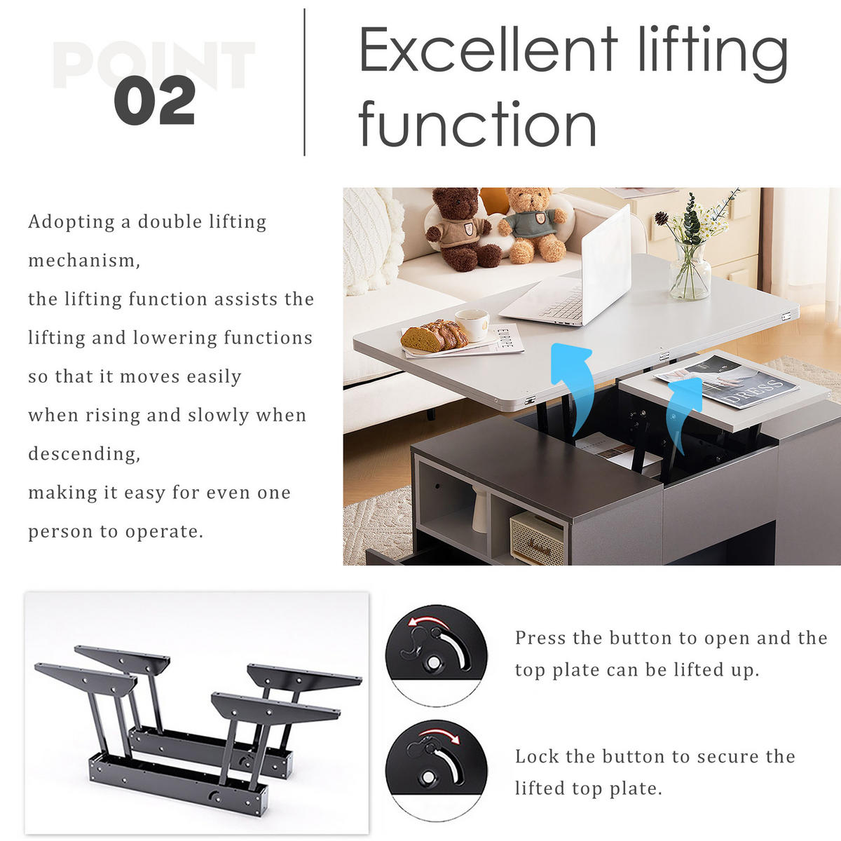 COUCHTISCH, höhenverstellbar, 2‑in‑1 Klapptisch mit Stauraum, 2 Schubladen, 100/51/47 cm, Grau - Grau, Holzwerkstoff (100/51/47cm) - Redom