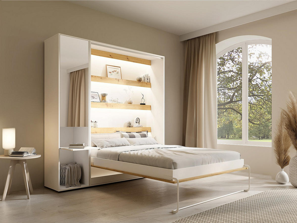 SCHRANKBETT - 2 Personen - holz - naturfarben hell, weiß Rapili - Naturfarben/Weiß, Holz (160/200cm) - Vente-Unique