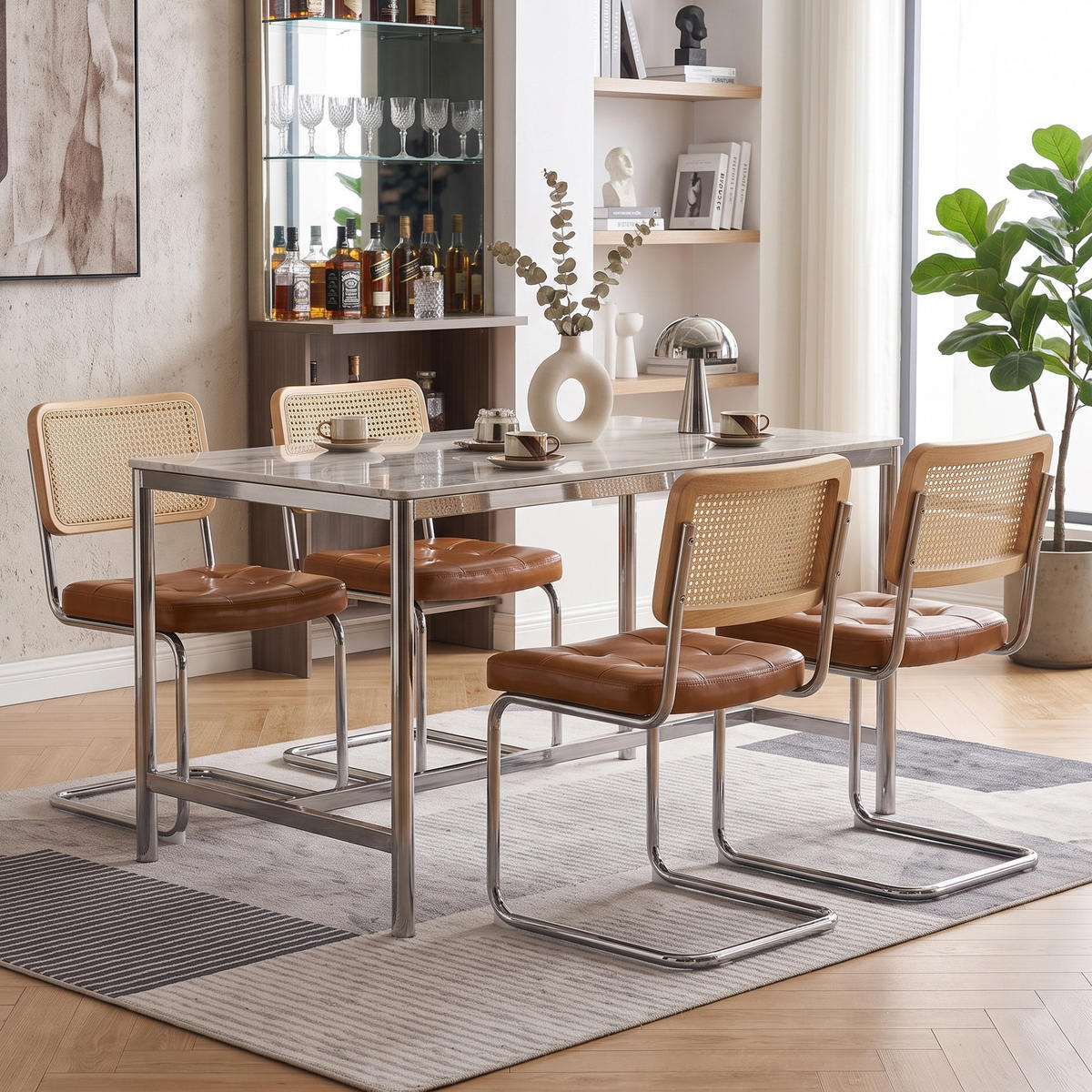 JÍDELNÍ ŽIDLE pérové (sada 2 ks), umělá kůže a ratan, chromovaná podnož - hnědá, textil (53/84.6/46.4cm) - Urban Meuble