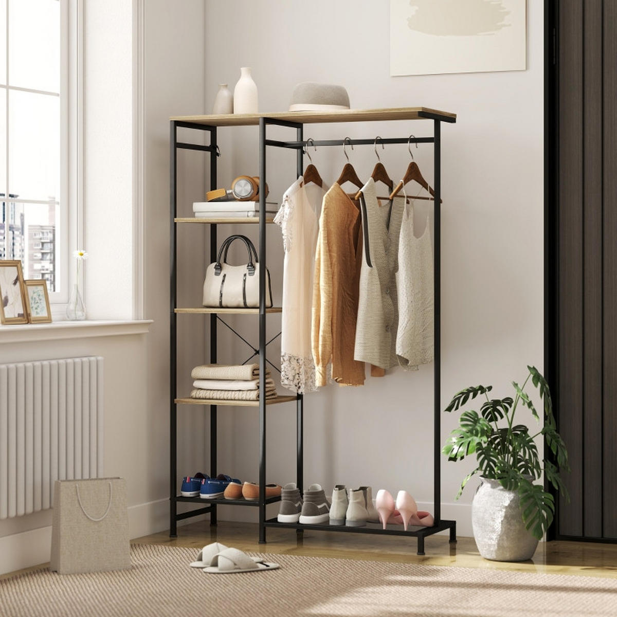 STANDGARDEROBE 100/35/156 cm mit Kleiderstange, Schuhablage und Ablage in Eiche - Eichefarben, Metall (100/156/35cm) - BEAOK