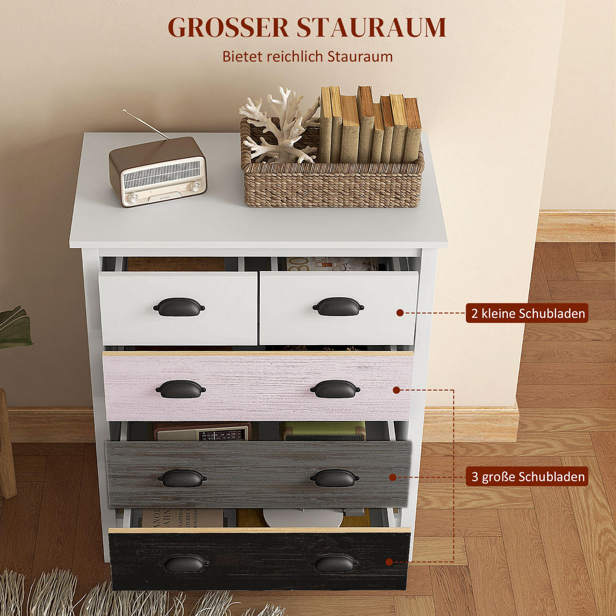 KOMMODE Aufbewahrungsschrank mit 5 Schubladen, Schubladenschrank mit Griff - Weiß, Metall (38/85/70cm) - HOMCOM