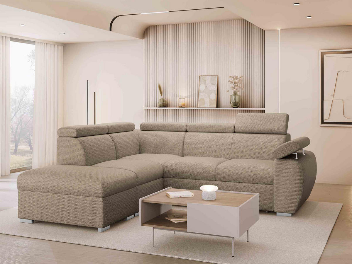 ECKSOFA Boston 2RR1P, Seite: Links PUFAP+R+1P(65)+2R - Hellbraun/Silberfarben, Holz/Textil (260/230cm) - MIRJAN24