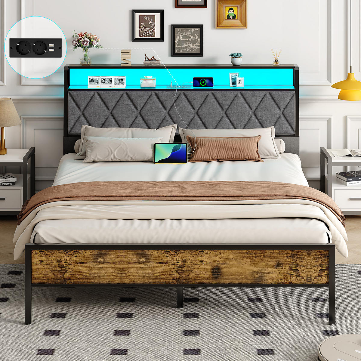 BETT 140 x 190 cm mit Metall Lattenrost,Bettgestell,Stauraum unter dem Bett,Doppelbett mit LED-Beleuchtung,mit 2 AC-Steckdosen und USB,Schwarz - Schwarz, Metall