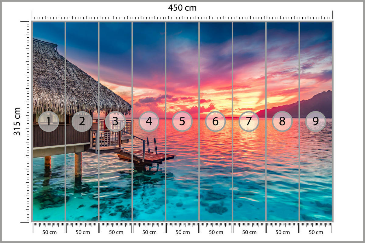 FOTOTAPETA Pre Obývaciu Izbu Západ Slnka Oceán Drevená Chata 450 x 315 cm - oranžová/hnedá, papier (450/315cm) - Muralo