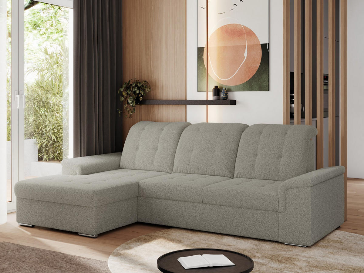 ECKSOFA MADRITO L - Hellgrau Boucle - Links - Silberfarben/Hellgrau, Textil/Metall (160/256cm)