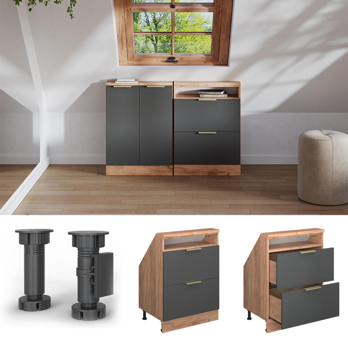 ŠIKMÁ SKŘÍŇ Rion Antracitově zlatý - antracitová, kompozitní dřevo (60/81.6/46cm) - Vicco