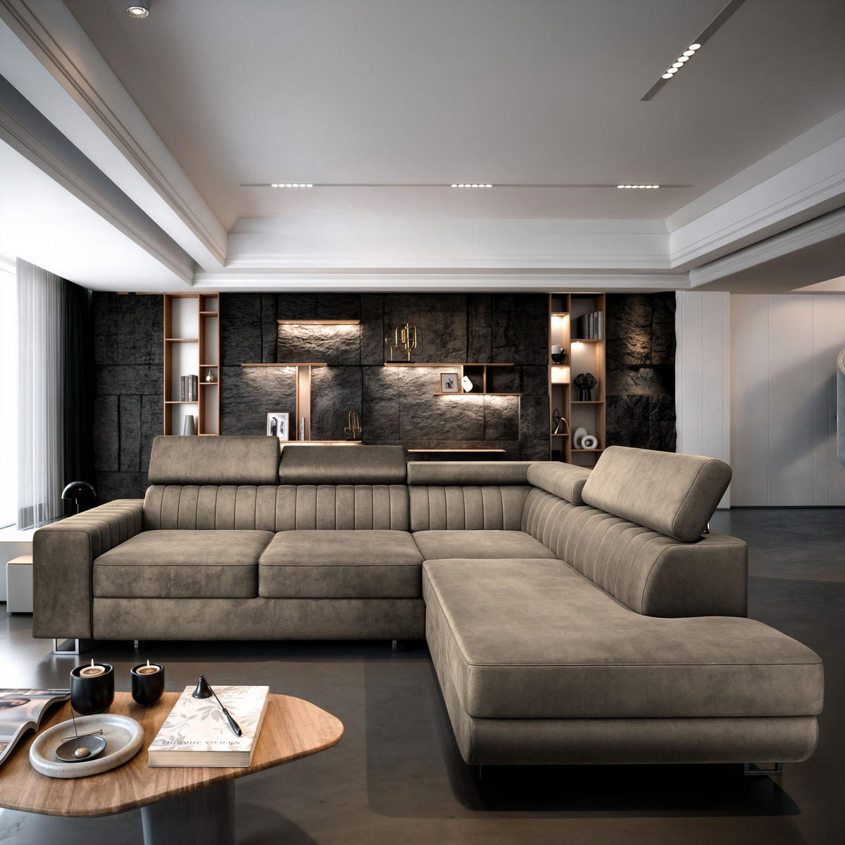 ECKSOFA NOLA R-S Beige Velours-Stoff mit Schlaffunktion - Beige, Holz (253/190cm) - MASSENO