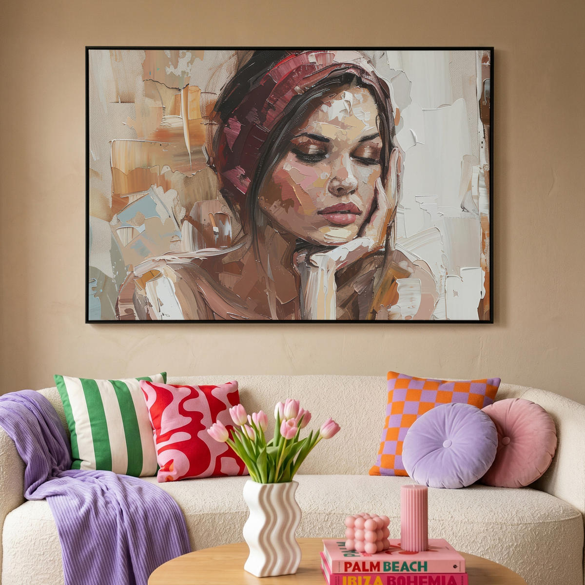 LEINWAND Bilder mit Rahmen - Frau - Lackierung - Porträt - Modern - 120x80 - Altrosa, Textil (120/80cm) - MuchoWow