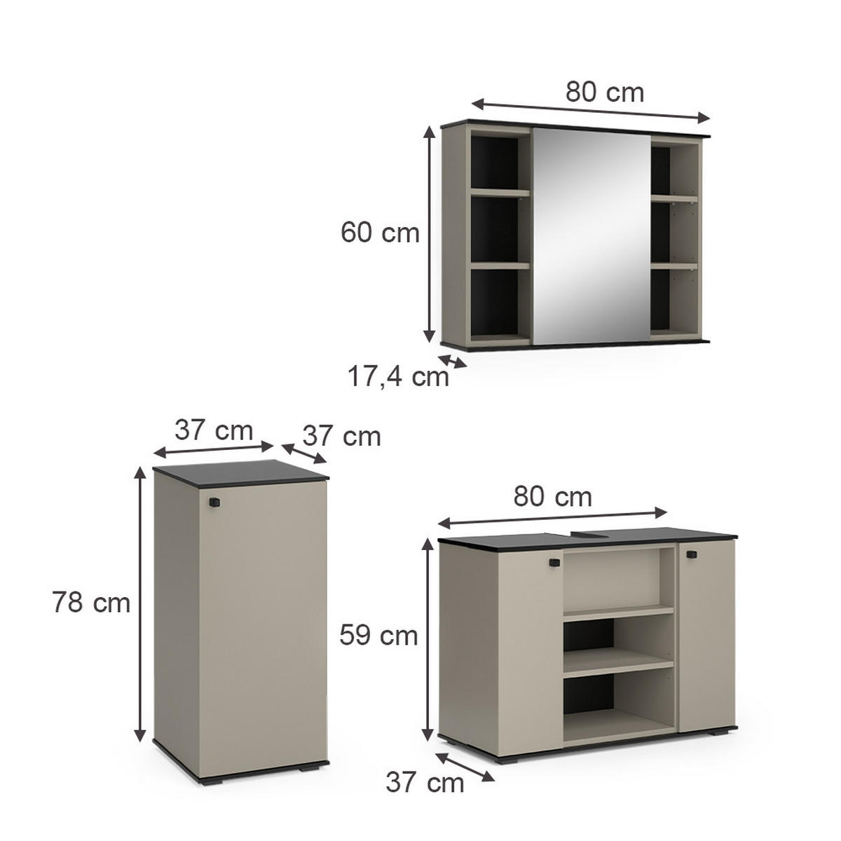 BADMÖBEL-SET Joli Greige 3 Teile, mit Midischrank - Greige/Schwarz, Holzwerkstoff (80/59/37cm) - Vicco