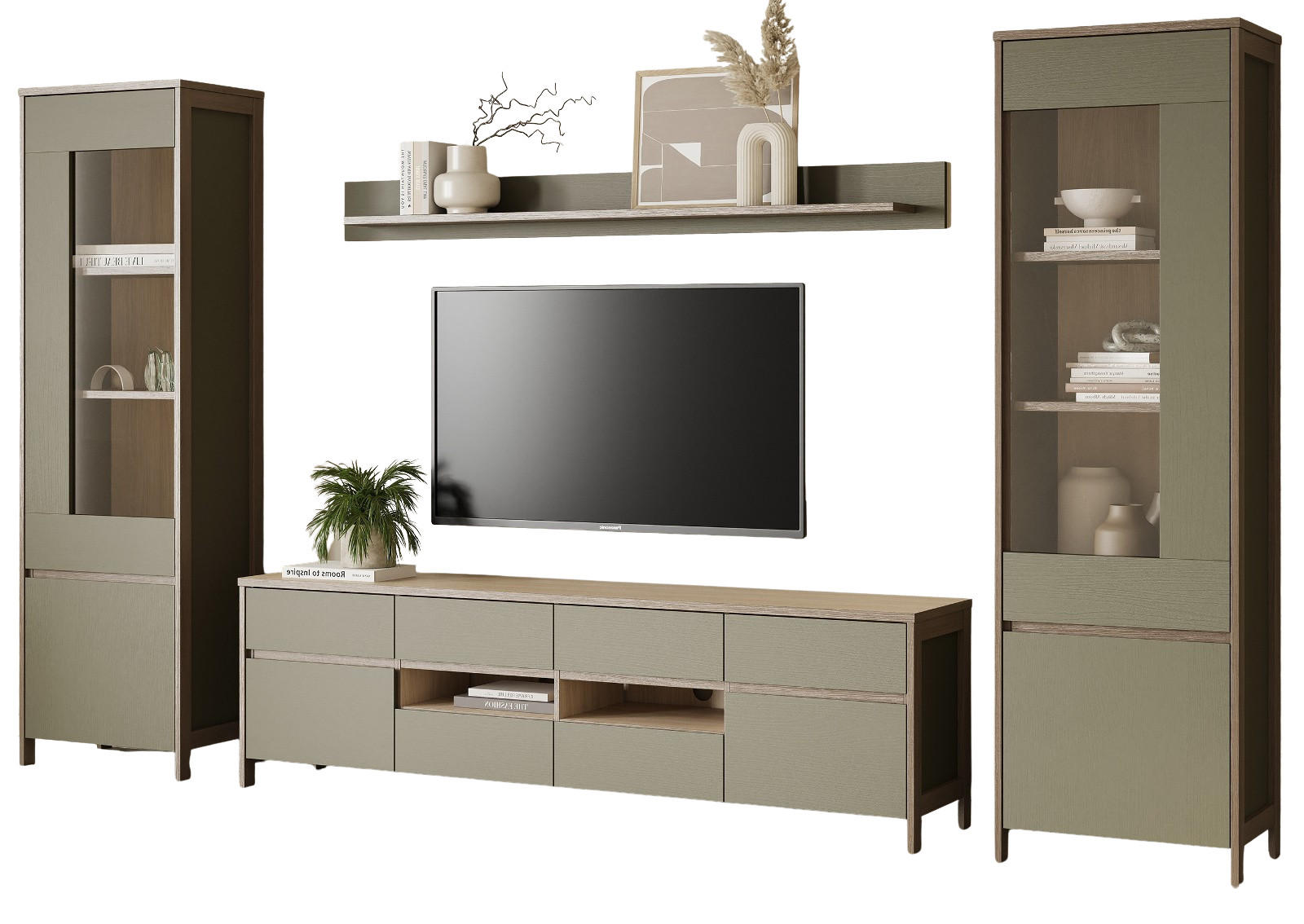 WOHNWAND Salbei grün, Eiche, Wohnkombination skandinavisch 4-teilig 339 cm, Soft-Close - Salbeigrün/Eichefarben, Glas/Holzwerkstoff (339/195/39cm) - Furn.Design