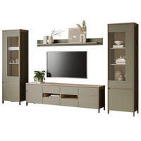 WOHNWAND Salbei grün, Eiche, Wohnkombination skandinavisch 4-teilig 339 cm, Soft-Close - Salbeigrün/Eichefarben, Glas/Holzwerkstoff (339/195/39cm) - Furn.Design