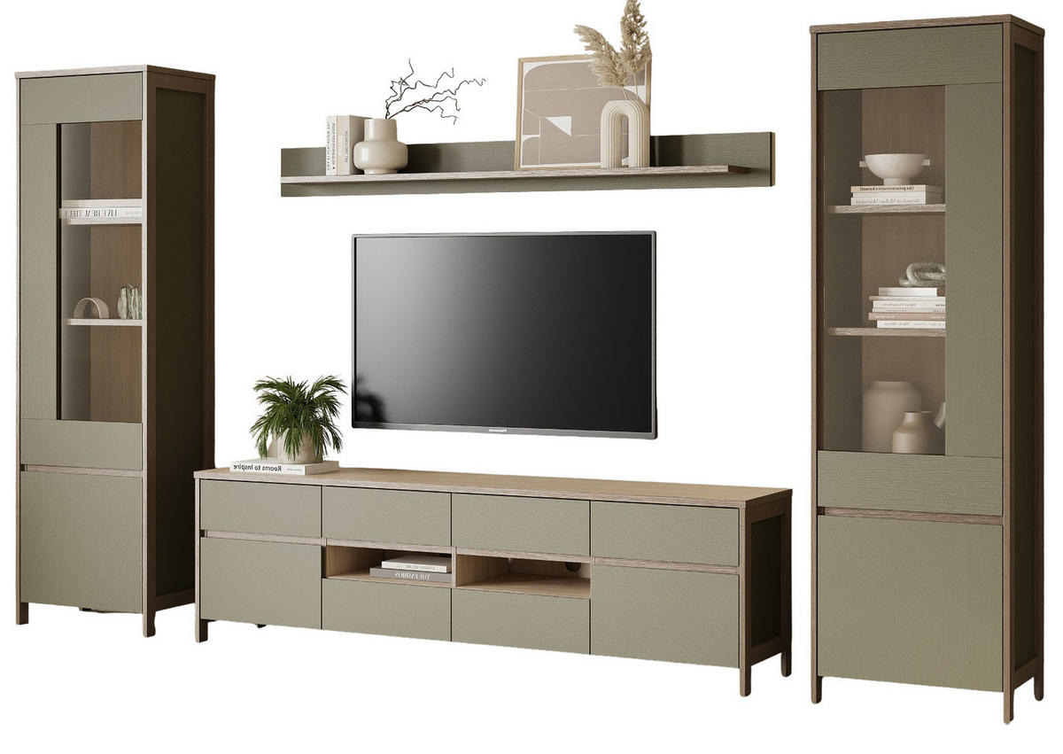 WOHNWAND Salbei grün, Eiche, Wohnkombination skandinavisch 4-teilig 339 cm, Soft-Close - Salbeigrün/Eichefarben, Glas/Holzwerkstoff (339/195/39cm) - Furn.Design