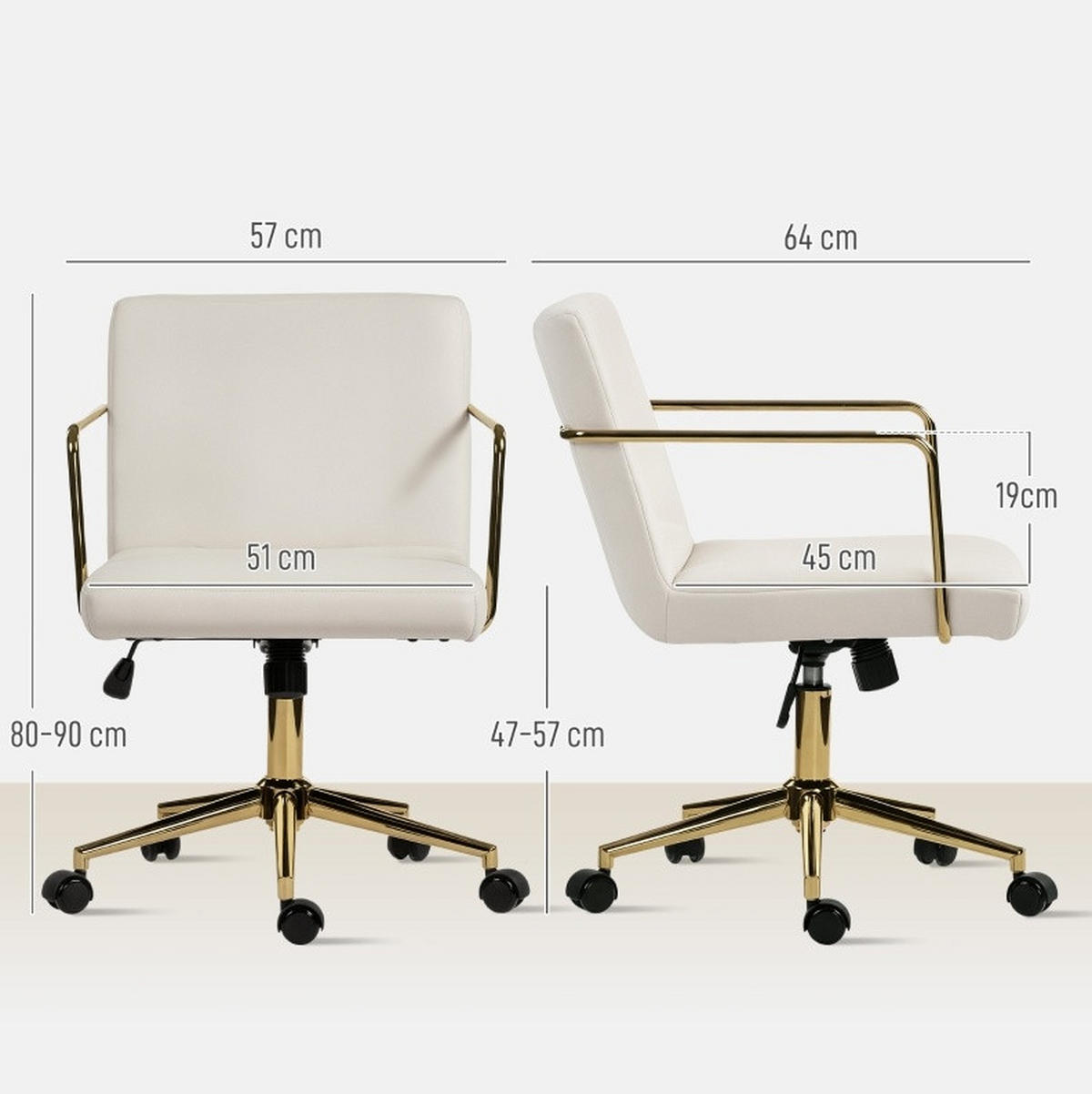 DREHSTUHL 57/64/80-90 cm, cremeweißes Polyesterpolster, höhenverstellbar und kippbar,creme - Creme, Kunststoff (57/90/64cm) - Redom
